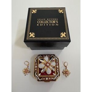 Joan Rivers Collector's Edition Red Enamel Trinket Box Earrings & Brooch Set